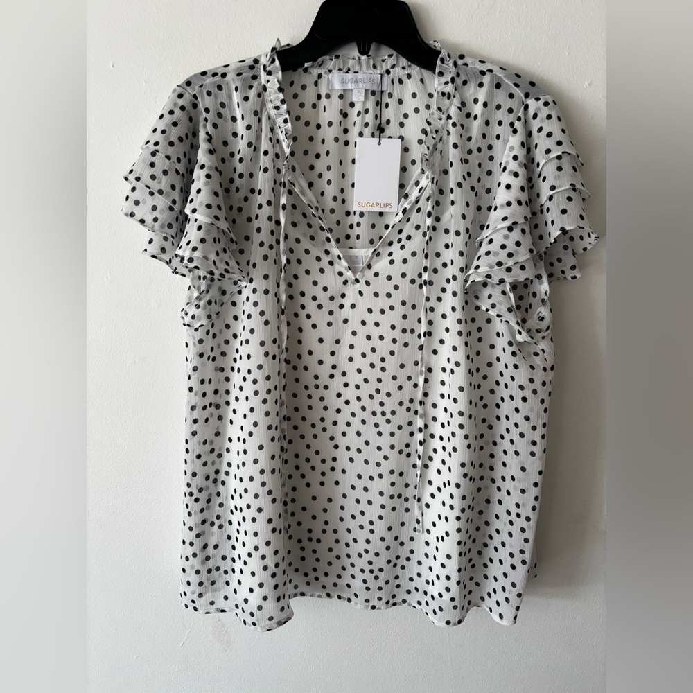 Sugarlips white and black polka dot tie neck ruffle sleeve blouse new XL